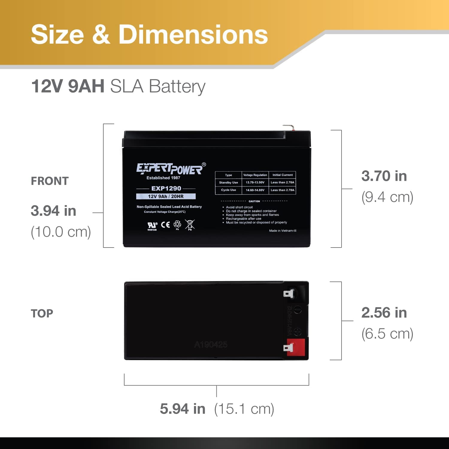 12v 9ah Sealed Lead Acid Battery with F2 Terminals (.250")/2 Pack