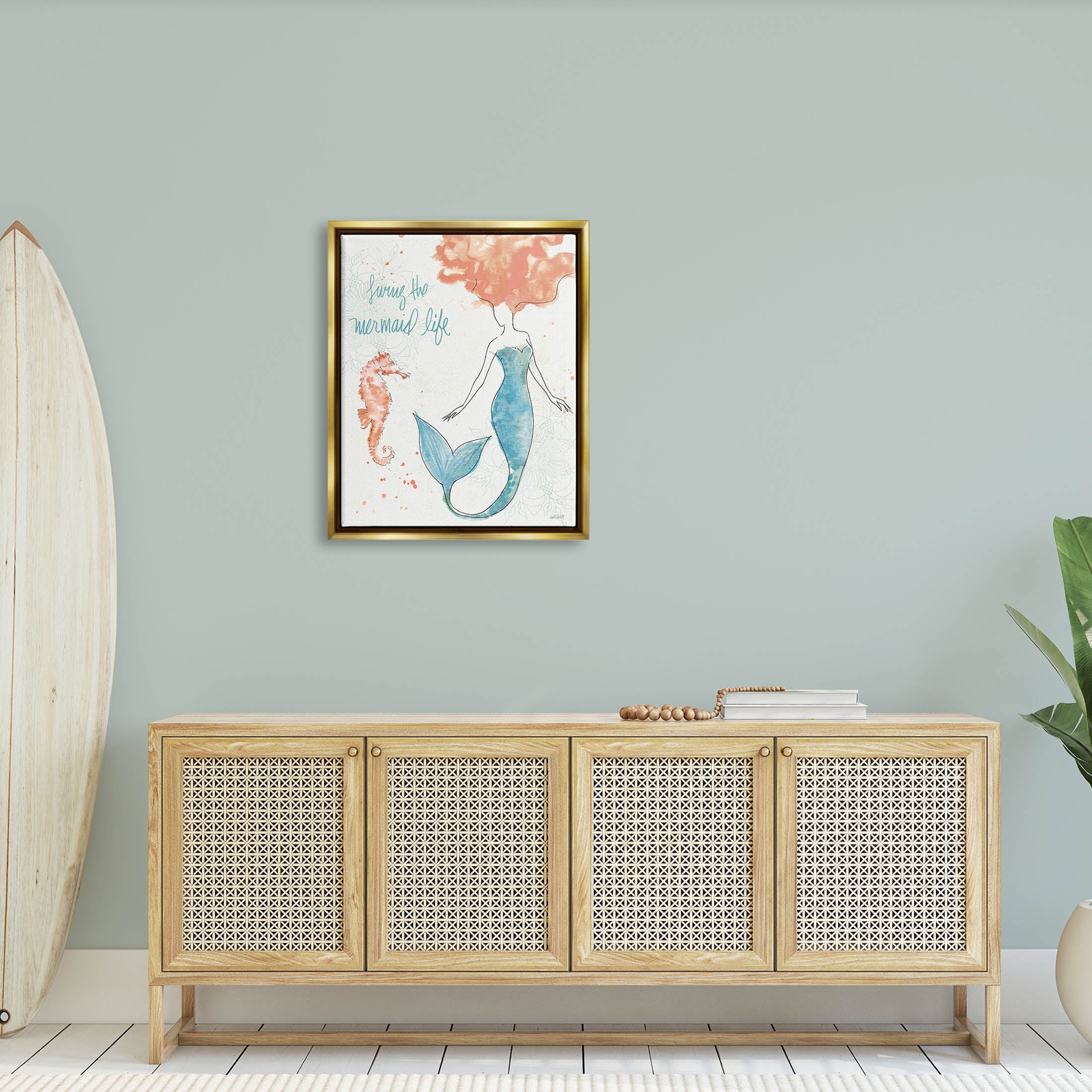 Stupell Industries Living The Mermaid Life Phrase Graphic Art Metallic Gold Floating Framed Canvas Print Wall Art, Design by Anne Tavoletti