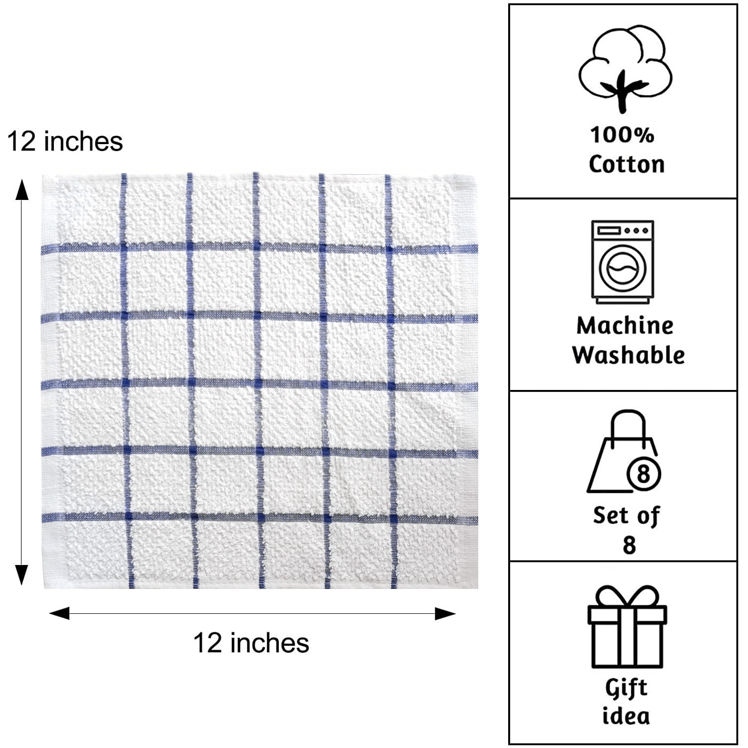Howarmer Gray Dish Towels for Kitchen, 100% Cotton Grid Dish Rags, Super Soft and Absorbent Dish Cloths, 8 Pack, 12 inch x 12 inch, Size: 12×12