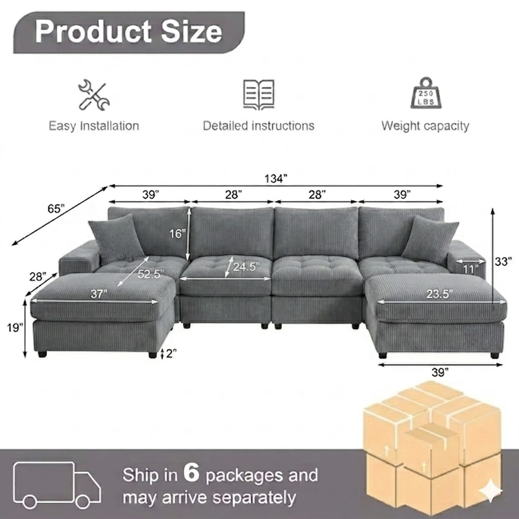 Howcool Cloud Couch Modular Sectional Sofa 6 Seat 134" U Shaped Convertible Couch Corduroy Thick Cushion with 2 Storage Ottomans and Toss Pillows Washable Removable Cover for Living Room,Dark Grey