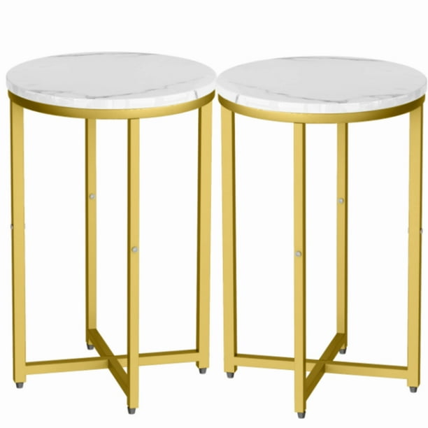 AWQM Round End Table Set of 2, Faux Marble Side Table with Metal Frame