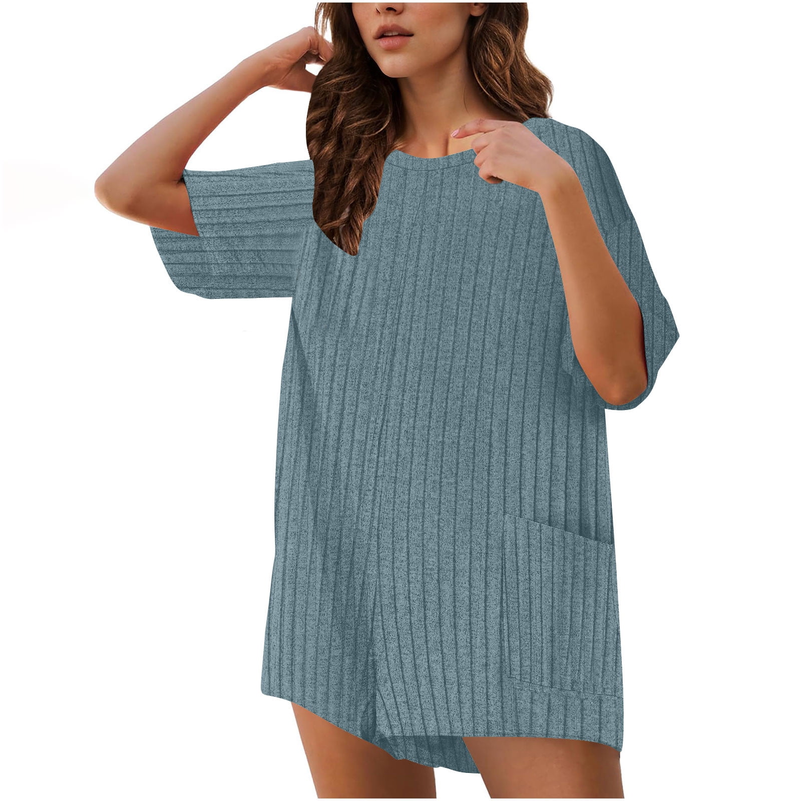 Feancey Oversized Rompers for Women Plus Size Trendy Knitted Jumpsuits Business Casual Short Sleeve Overalls Solid Color Loose One Piece Romper with Pockets Light Blue L