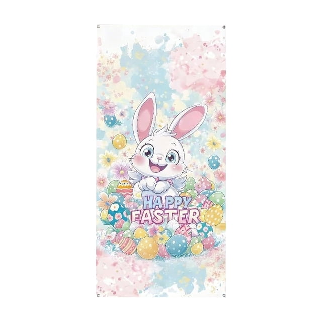 SLYNSHome Easter Door Cover Cute Bunny Rabbit Floral Spring Door Banner Easter Decoration