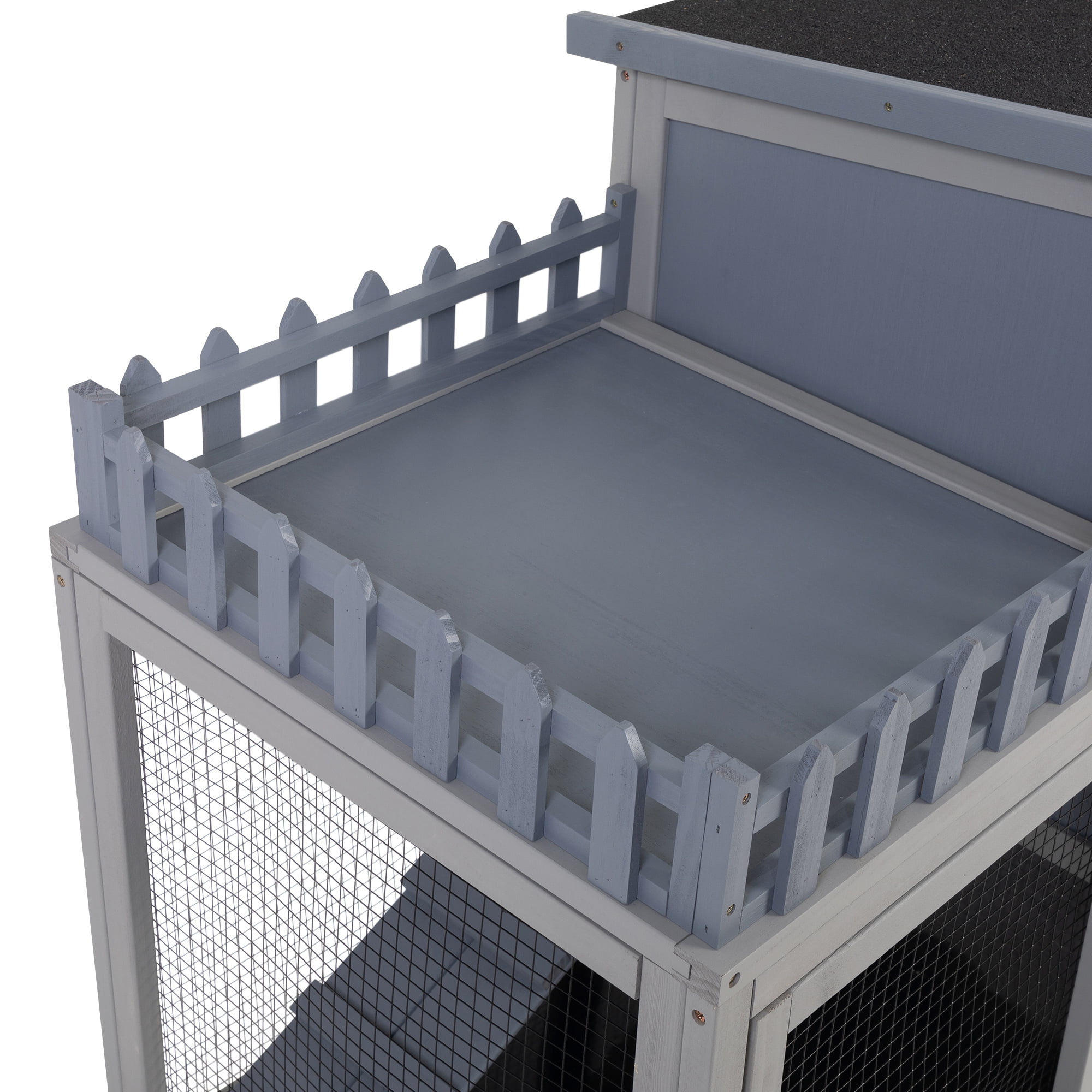 Grey Rabbit Hutch 2-Tier Wooden Bunny Cage with Wheels - Indoor/Outdoor Small Animal House for Rabbits, Guinea Pigs, Chinchillas - Waterproof Roof, Lockable Doors, Removable Tray & Ramp