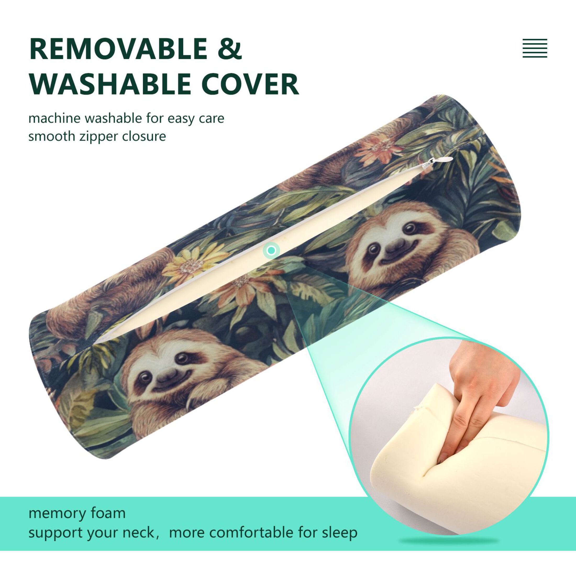 Neck pillow Round Cervical Pillow Cylindrical Pillow Lumbar Pillow Sofa Headrest Pillow Support For the Back, Neck and Head Cartoon Cute Sloth