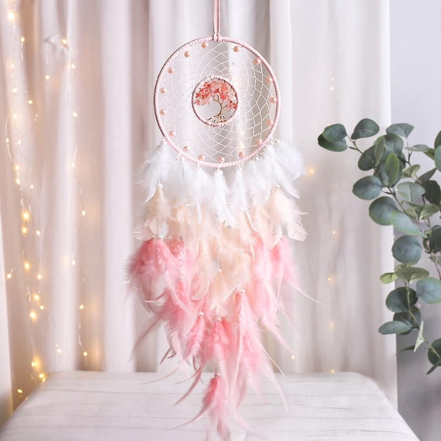 Con piedra de cristal curativo natural, atrapasueños de ensueño hecho a mano de cristal rosa perfecto para decoración de dormitorio de niñas, regalo artesanal