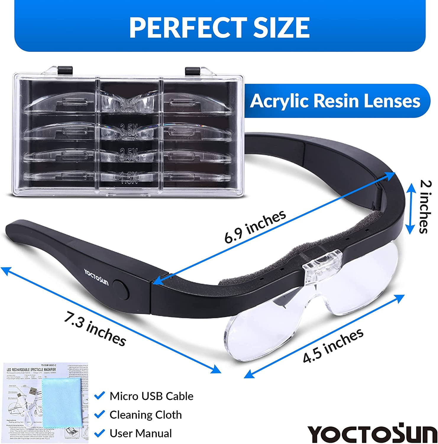 Rechargeable Magnifying Glasses, Head Magnifier Glasses with 2 LED Lights and Detachable Lenses, Best Eyeglasses Magnifier for Reading and Hobby