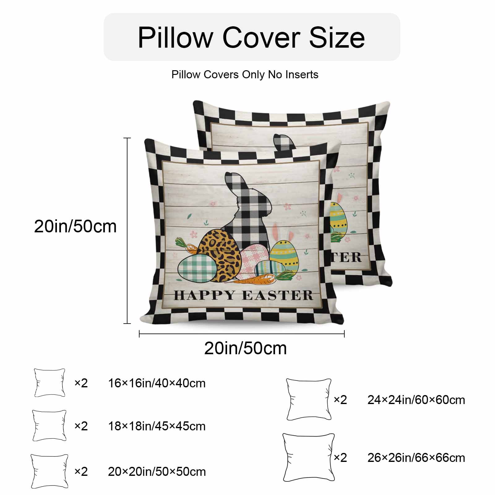 Outdoor Throw Pillows Covers 18X18 Set of 2 Waterproof Happy Easter Decorative Zippered Cushion Covers for Patio Furniture, Vintage Farm Check Plaid Rabbits Eggs Lumbar Pillowcases