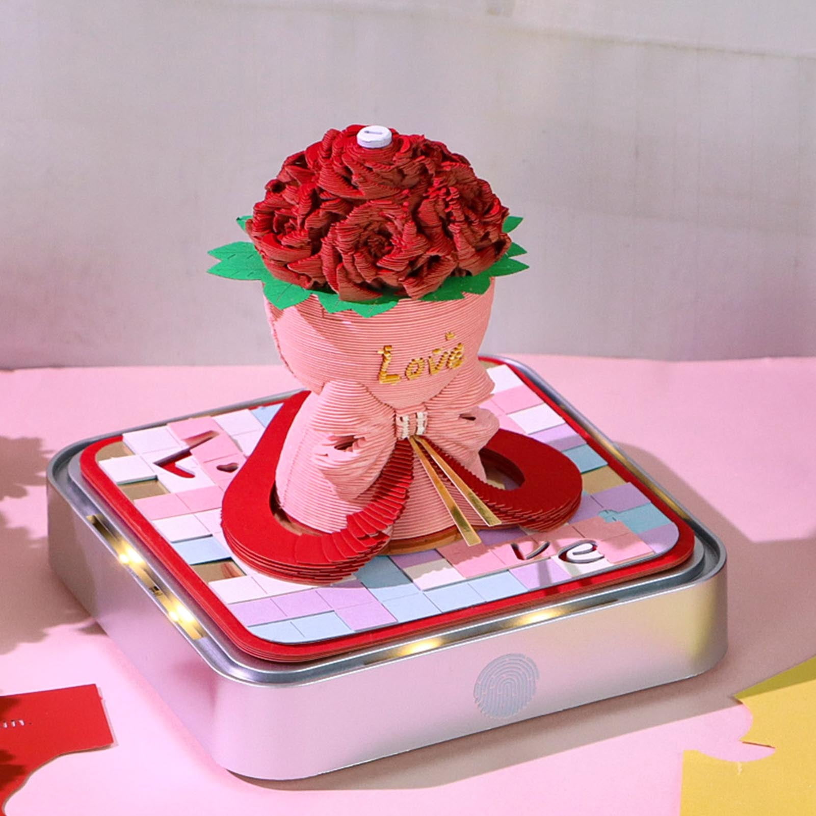 Yajisi Rose Bouquet 3D Memo Pad with Light, 2026 Calendar, Paper Carving Hand Tear Art Notepad Sculpture for Desktop Decor Birthday Gift, Red (3.86x3.86x3.66 in / 9.8x9.8x9.3 cm)
