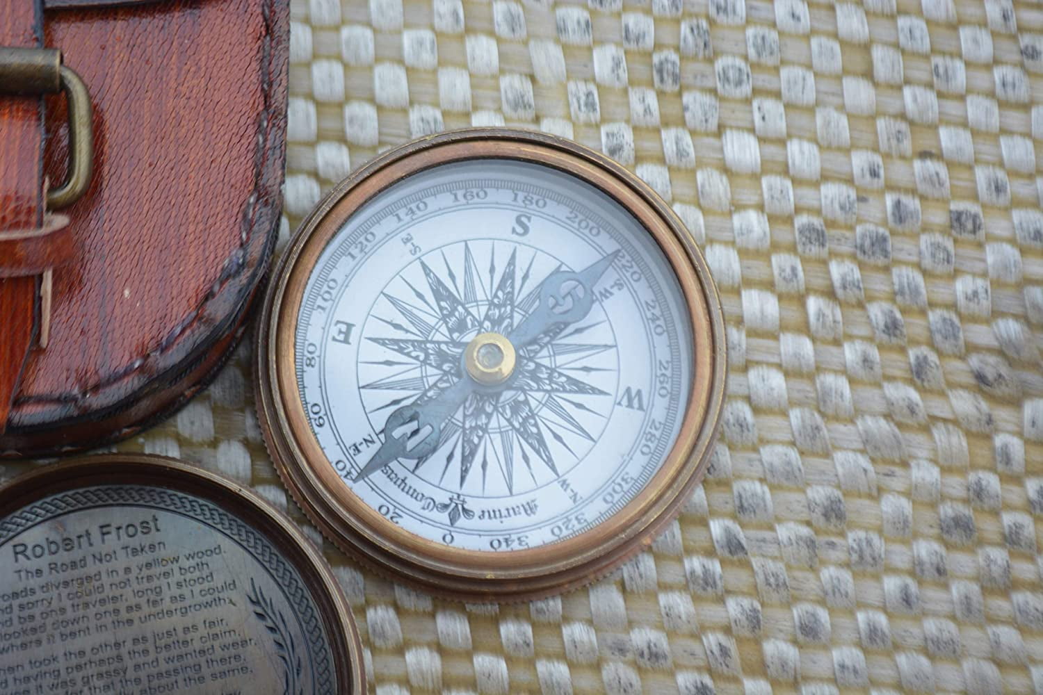 Nautical India 2.5" Robert Frost Poem Antiqued Brass Poem Compass with Leather Case