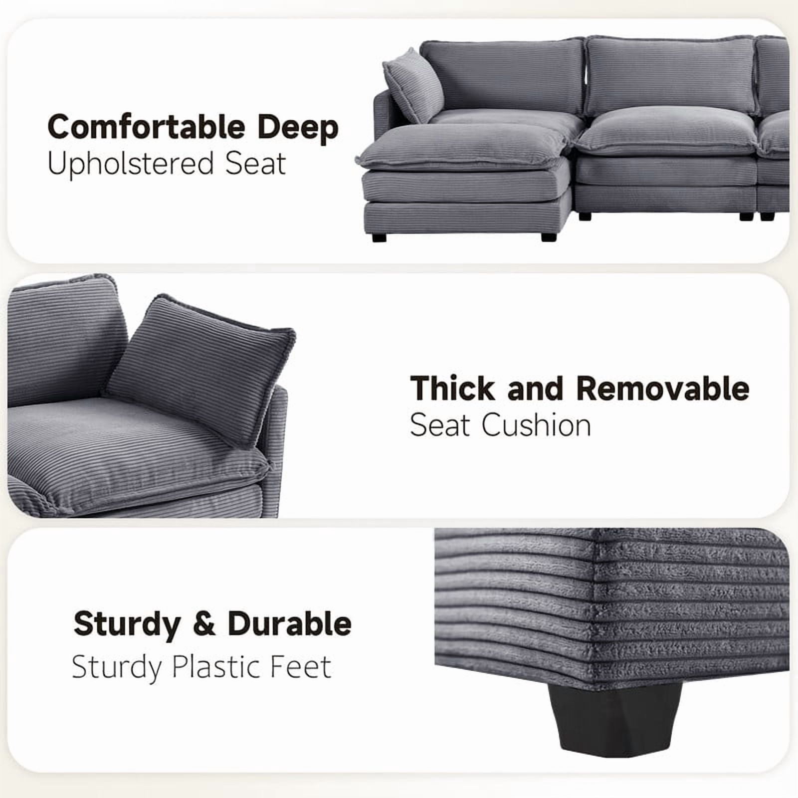 RIAFUN Oversized 4-Seat Modular Corduroy Sectional Cloud Couch, Deep Seat Upholstered Sofa with 2 Throw Pillows, Cozy Living Room Furniture, Dark Gray