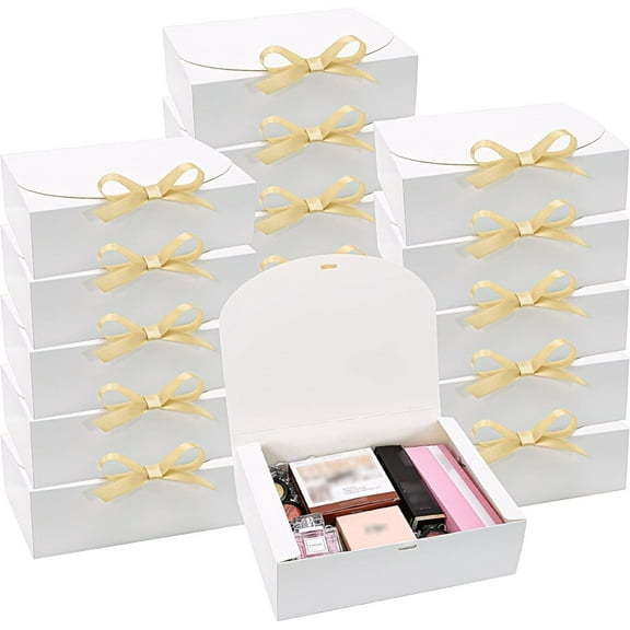 PLMMOUT 15 Pcs Gift Boxes with Lids,Bridesmaid Proposal Box with Ribbon,Gift Boxes Bulk 10.6x8x3.2 Inch,White Kraft Paper Gift Box for Wedding, Packaging,Present,Birthday,Crafting,Party (White)