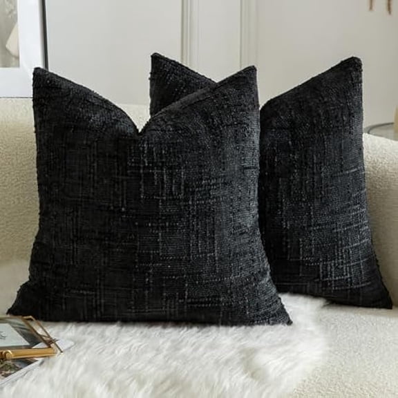 Eryueer Pack of 2 Solid Decorative Soft Chenille Black Cushion Covers 50x50cm 20x20 Inch Lumbar Accent Solid Throw Pillow Case Soft Cozy Luxury Pillow Covers for Sofa Couch Bedroom