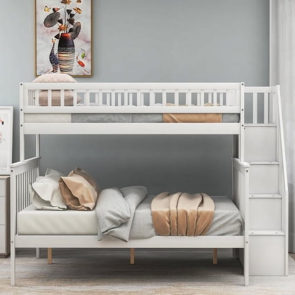 Twin over Full Stairway Bunk Bed with Storage, Solid Pine Wood Frame with Built-In Staircase Shelves, Converts into 2 Separate Beds, Full-Length Guardrails, No Box Spring Needed, White