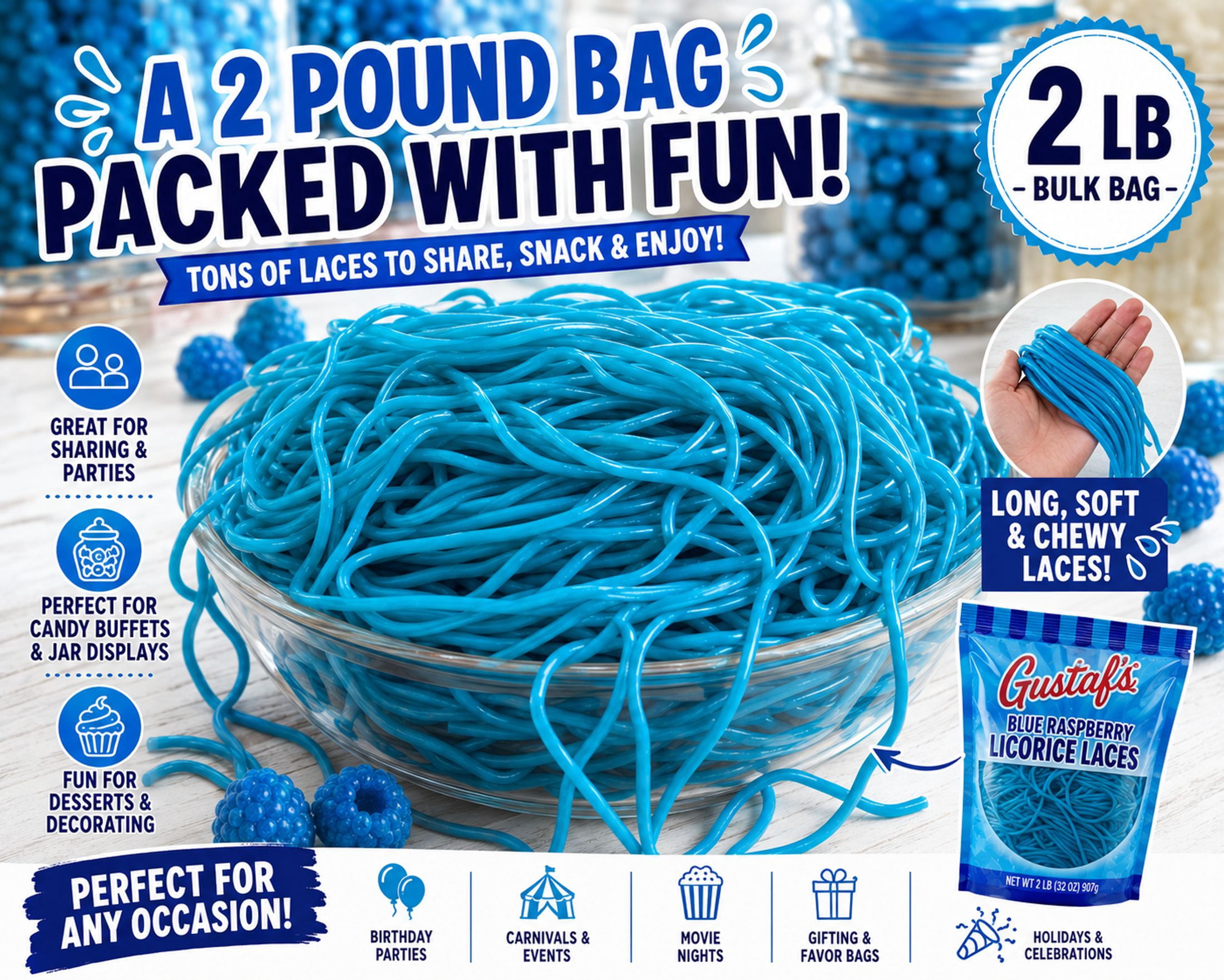 Gustaf's Blue Raspberry Licorice Laces - 2 LB Bag