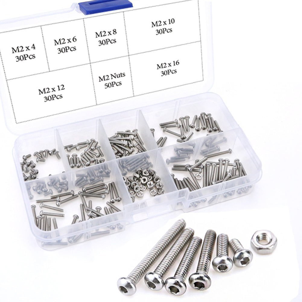230pcs M2 Stainless Steel Hex Socket Button Head Screw Bolts Nuts Assorted