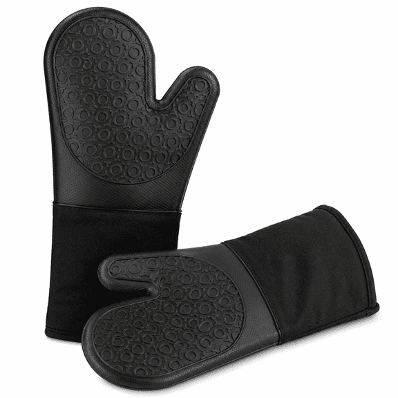 BPA-Free Silicone Oven Mitts Ultra Heat Resistant up to 500°F, Thick Cotton Liner, Long Non-Slip Pot Holders, Flexible Oven Gloves - Black 13.7"