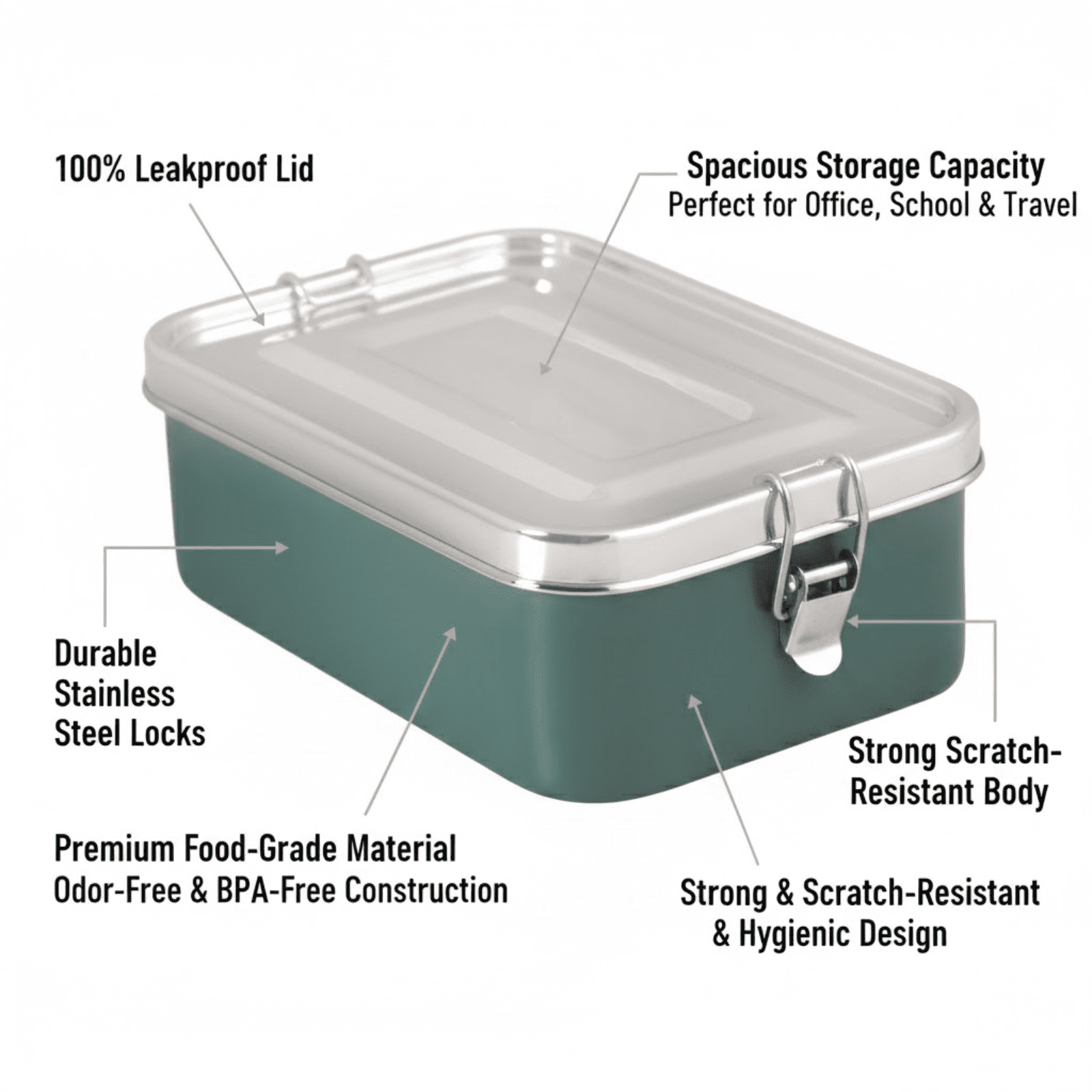 Mayur Exports Bento Lunch Box (Green) with Movable Divider | Leak-Proof, Secure Clips | 60 Oz/1800ml | 8.25x5.55x2.75 in | Food-Grade Stainless Steel | Heavy Duty | Available in 4 Colors.