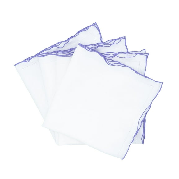 Linen Napkins With Purple Scalloped Hemstitch Edges, Set of 4