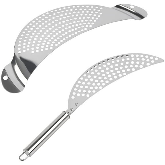 TORUBIA 2 Pcs Pot Strainer Stainless Steel Moon Pot Strainer Colander Pasta Drainer with Handle Pasta Strainer Pan Pot Strainer with Recessed Hand Grips Suitable for Different Sizes up to 10"