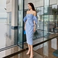 thumbnail image 5 of Women's Plunge One-piece Striped Puff Sleeve Dress, 5 of 5