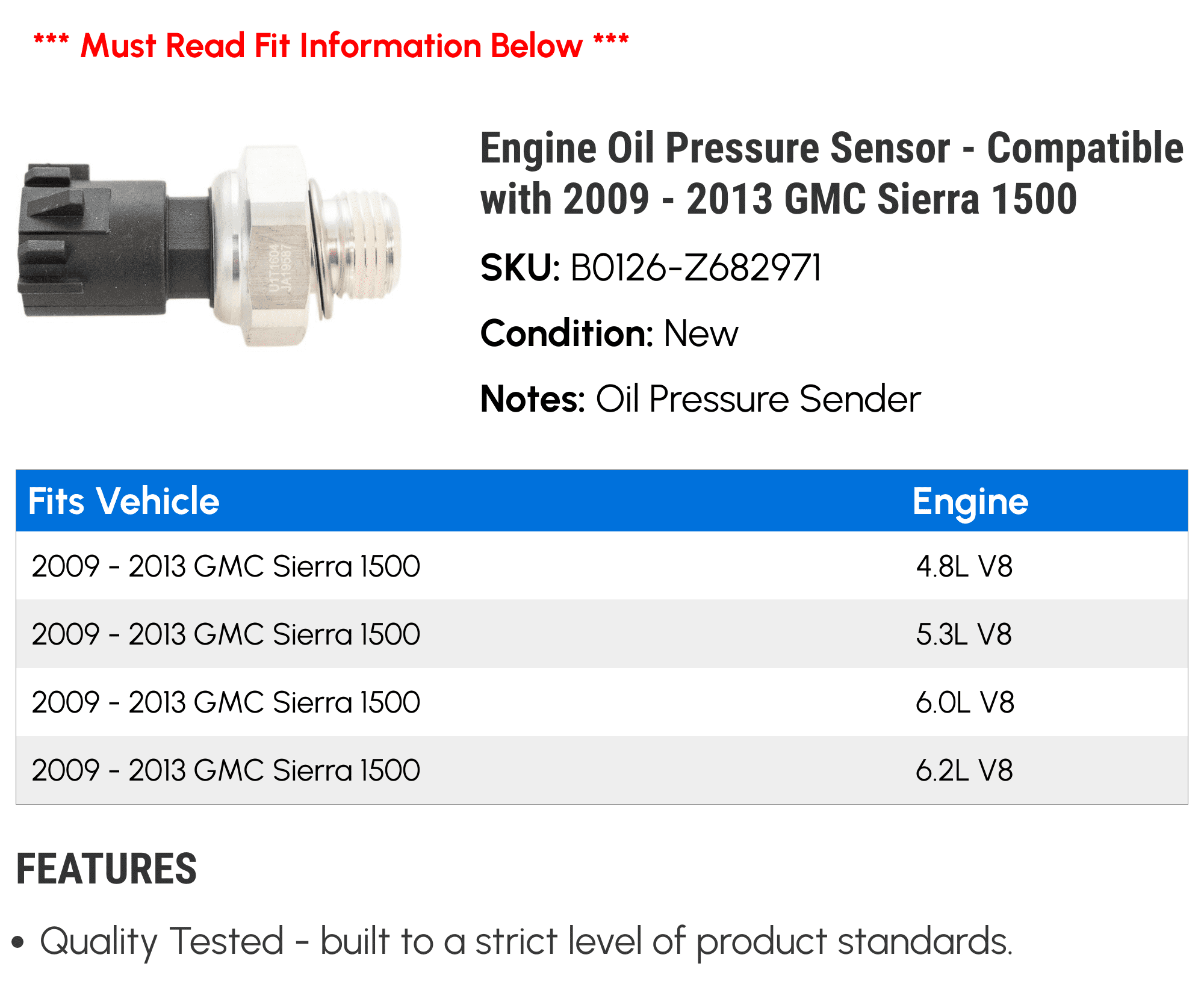 Engine Oil Pressure Sensor - Compatible with 2009 - 2013 GMC Sierra 1500 2010 2011 2012