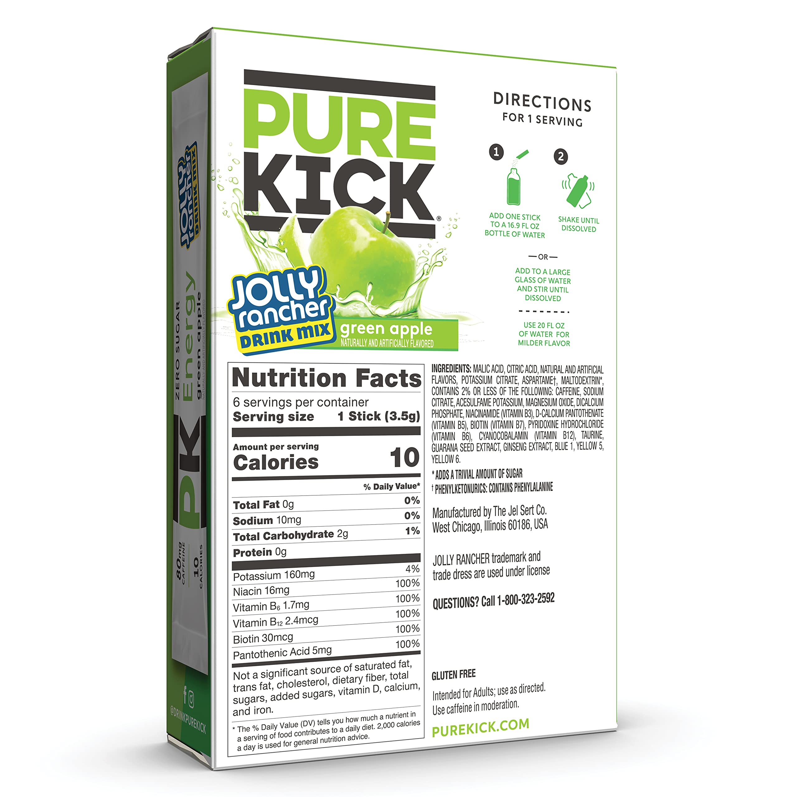 PURE KICK Energy Singles To Go Drink Mix, Jolly Rancher Green Apple, Includes 12 Boxes with 6 Packets in each Box, 72 Total Packets