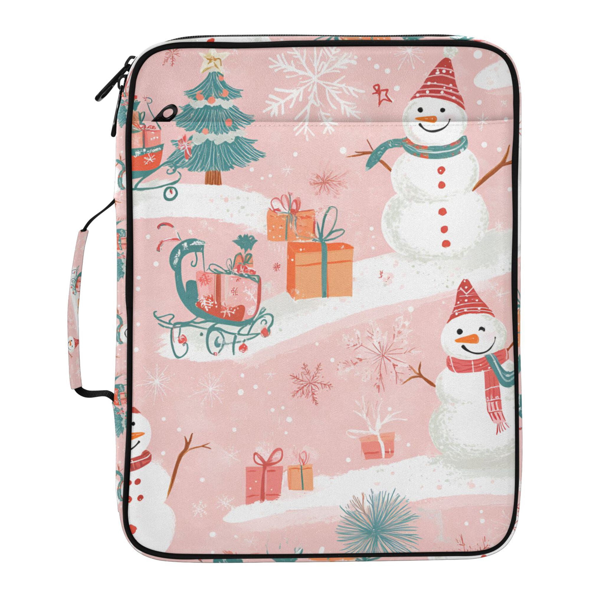 FORMRS Accordion File Folder A4 Size 7-Pocket Expanding Document Organizer Bag with 3 Ring Binder, Pink Christmas Snowman