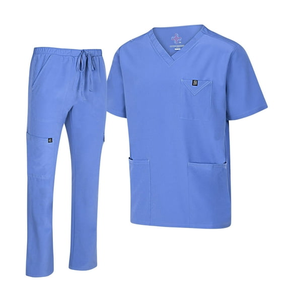 M&M SCRUBS Men's Scrub Set – Stretch V-Neck Multi-Pocket Mens Medical Uniform Scrubs Top & Cargo Pants (Ceil Blue, Small)