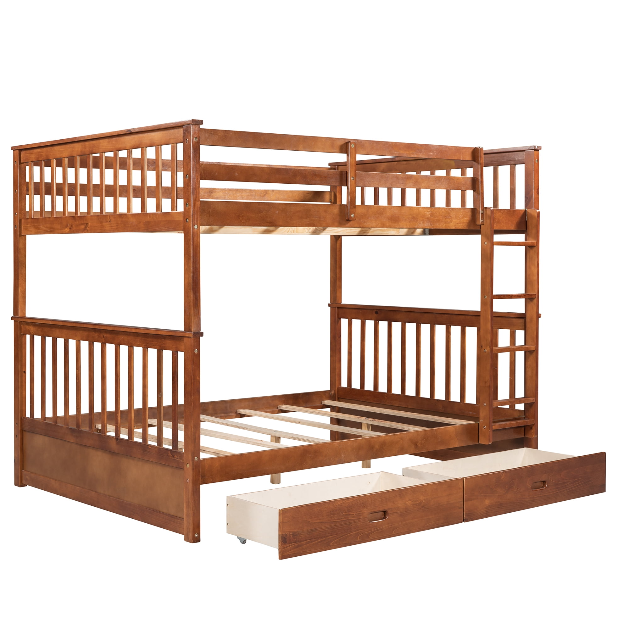 Aukfa Full over Full Bunk Bed with Two Storage Drawers, Wood Convertible Two Bed for Kids Teens - Walnut