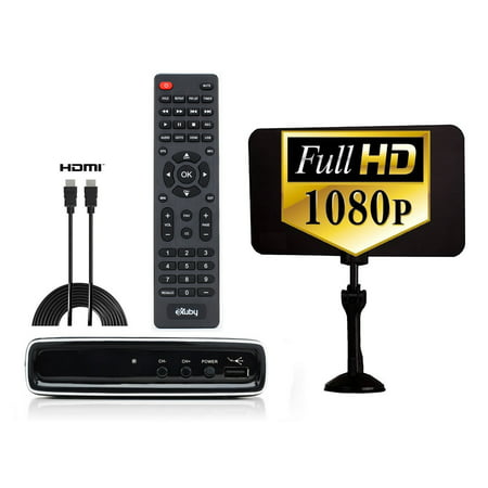 Digital Converter Box + Flat Antenna + HDMI Cable for Recording & Watching Full HD Digital Channels for FREE (Instant & Scheduled Recording, DVR, 1080P, HDMI Output, 7 Day Program Guide & LCD