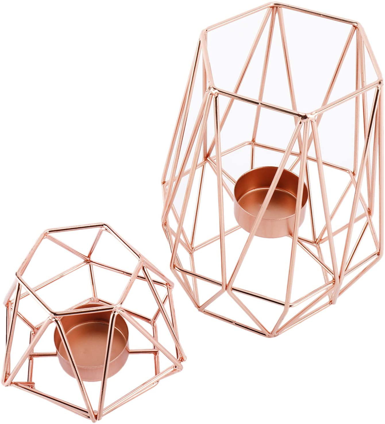 Rose Gold Set of 2 HighFree Geometric Candle Holders Metal Wire Iron Tealight Candle Holders for Tables Decor Living Room Bathroom Decorations