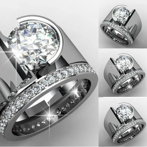 SPRING PARK Women Exquisite Rings Round Rhinestone Inlaid Wide Band Geometric Ring Jewellery Gift