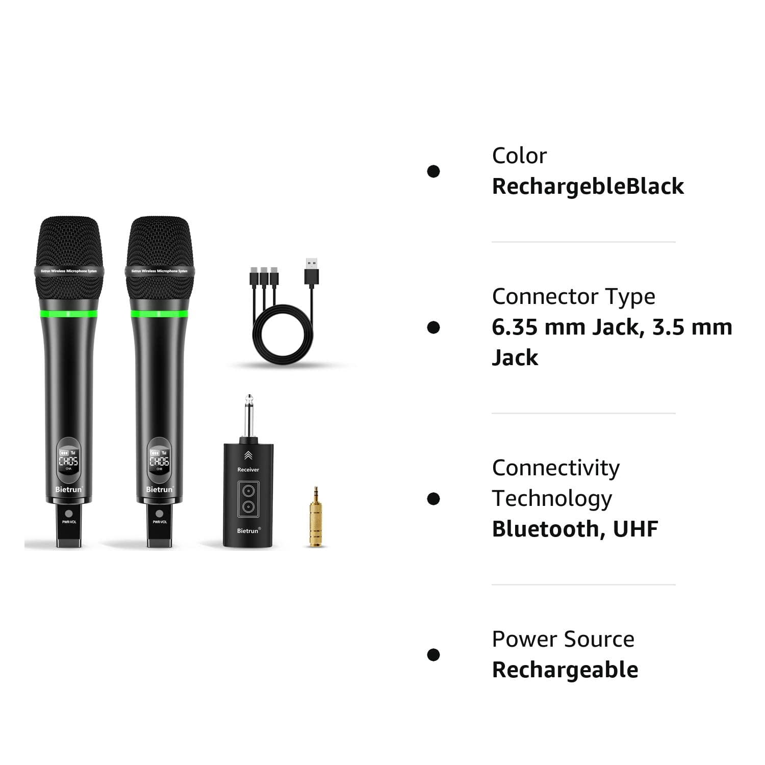 Bietrun Rechargeable Wireless Microphone, Dual Metal Cordless Handheld Dynamic Wireless Mics with 1/4'' Output for Karaoke, Meeting, Singing, Church, Wedding(UHF 240ft Range)(Receiver with Bluetooth)