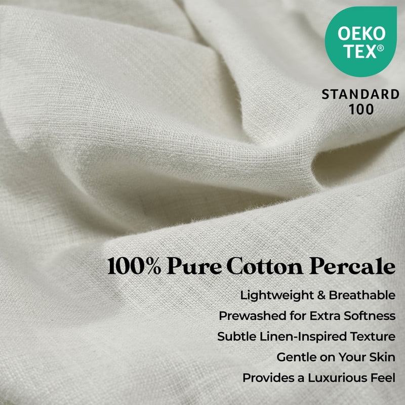 Superior Chloe 100% Cotton Percale Linen Texture Bed Sheet Set, Queen, Ivory