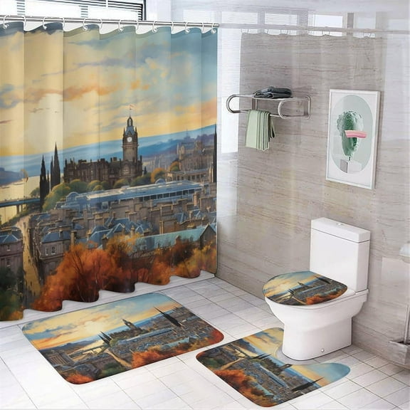 Vintage City Shower Curtain Sets with Rugs Toilet Lid Cover and Bath Mat Western Architecture Sunset Shower Curtains with 12 Hooks Waterproof 4 Piece Bathroom Decor Set, Style-3
