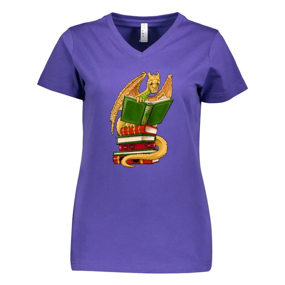 Inktastic Well-Read Cute Gold Dragon Reading Books Women's V-Neck T-Shirt