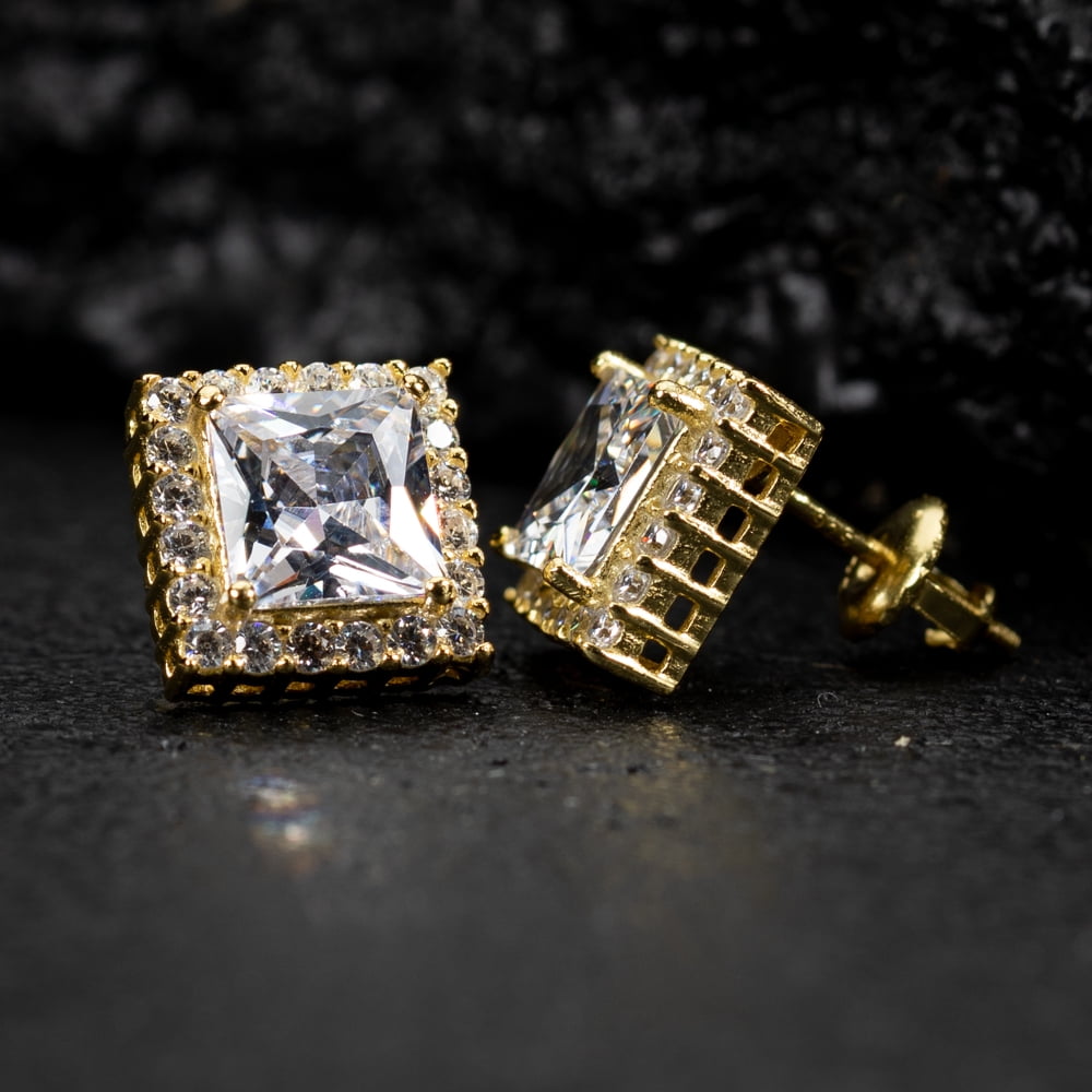 Square Princess Cut Halo Gold Sterling Silver Stud Screw Back Earrings