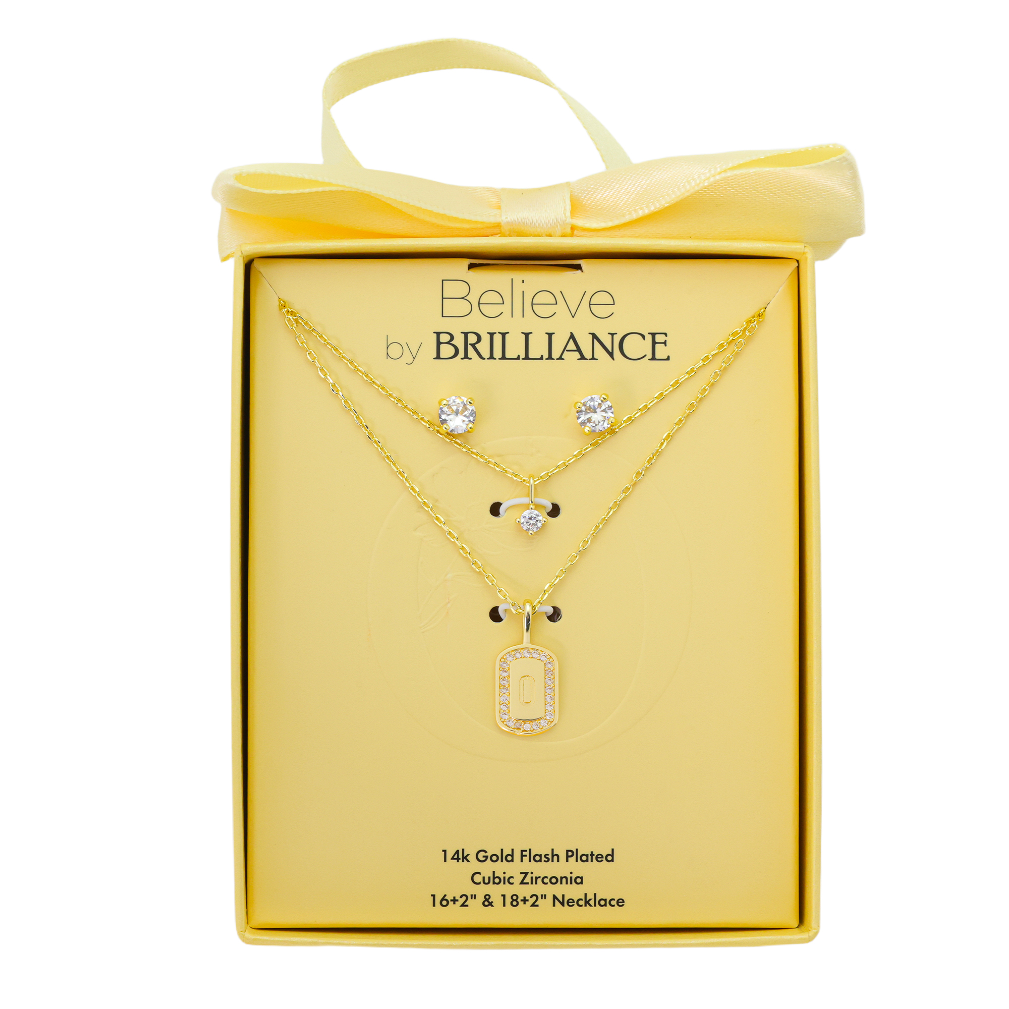 Believe by Brilliance Women's 14Kt Gold Flash Plated Cubic Zirconia Double Layer Tag "O" Necklace and Earring Set