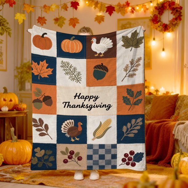 Thanksgiving Pumpkin Maple Leaf Fruit Blanket Digital Print Flannel Blanket Warm And Cozy Nap Blanket