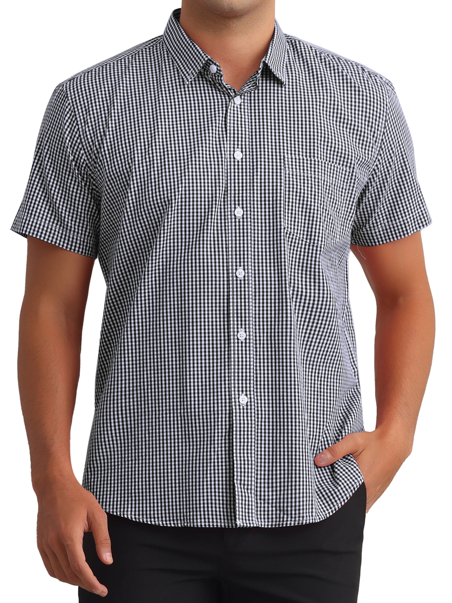 DARING DIVA Men's Gingham Tartan Button Short Sleeve Business Plaid Dress Shirt S Black
