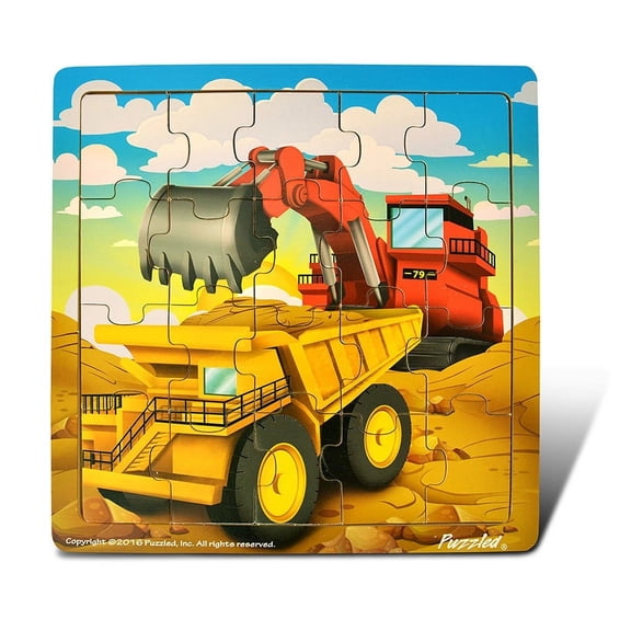 Puzzled Dump Truck & Excavator Jigsaw Puzzle – Easy To Play Construction Cars Wooden Puzzle, Fun Educational Toy Puzzle Game Learning Activity for Kids – Work Vehicles 20 Piece Puzzle Size 8×8 Inch