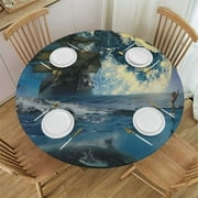 JEUXUS Beautiful Mermaid Art Tablecloth Round Tablecloths for Circular Table Cover with Full Moon Mermaid Pirate Ship Dolphin Pattern,Great for Parties,Weddings,Kitchen,Resistant Table Cover White