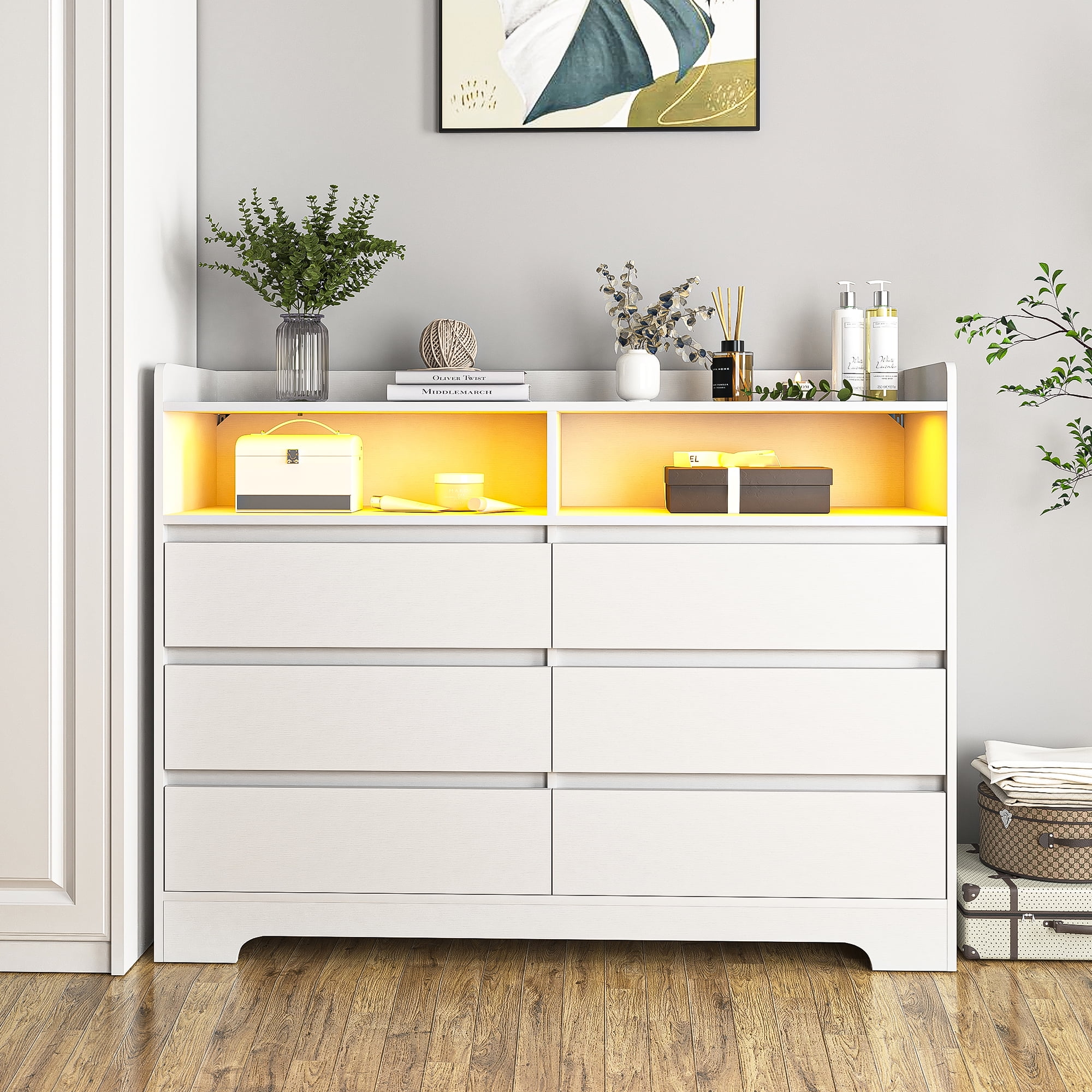 Spaco LED Dresser for Bedroom 6 Drawers Dresser Chest of Drawer Bedroom Furniture, White Dresser Spaco LED Dresser for Bedroom 6 Drawers Dresser Chest of Drawer Bedroom Furniture, White Dresser