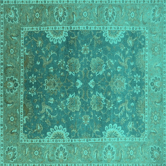 Ahgly Company Machine Washable Indoor Square Oriental Turquoise Blue Industrial Area Rugs, 4' Square