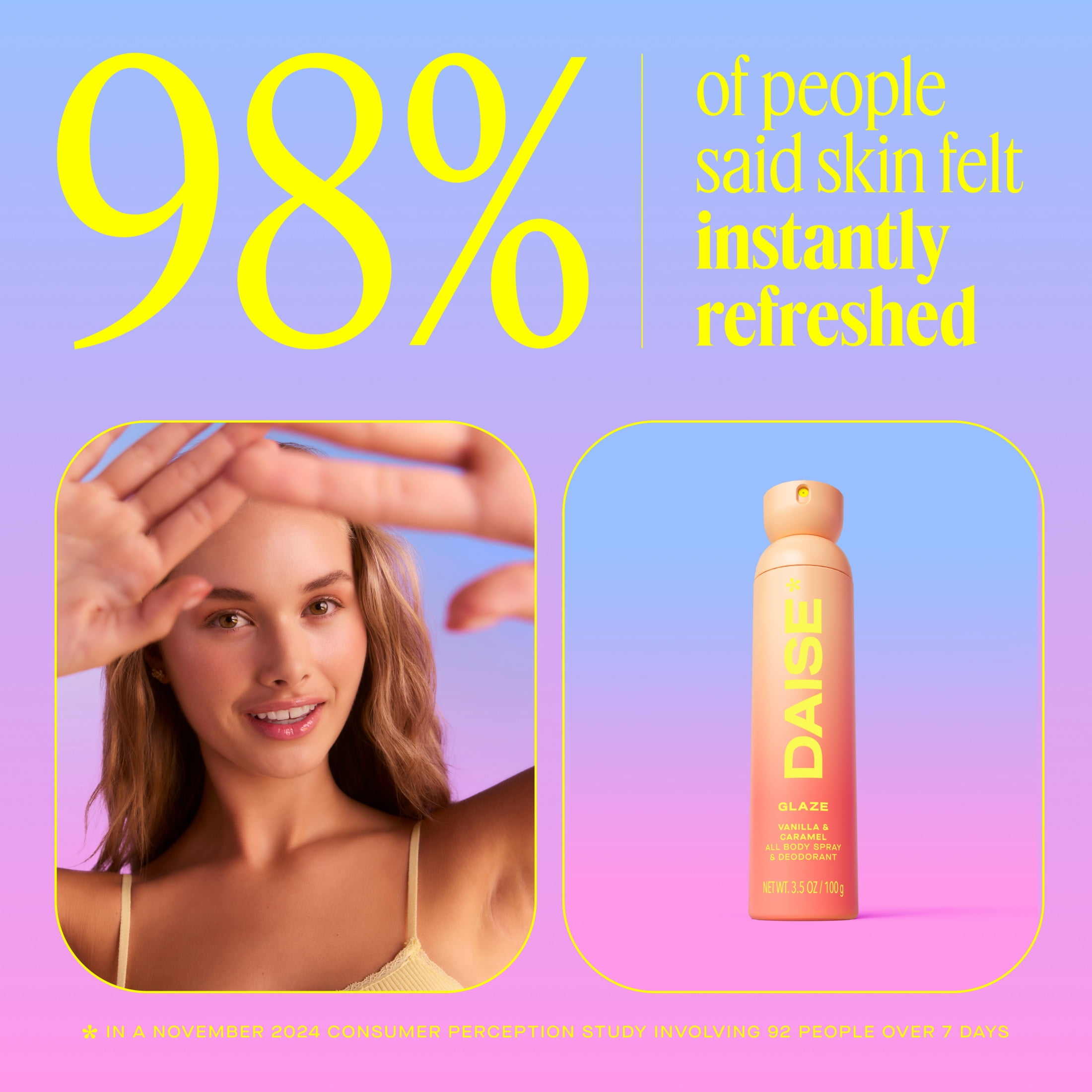 DAISE All Body Spray & Deodorant in Glaze, Vanilla & Caramel for 24hr Freshness, 3.5 oz / 100 g