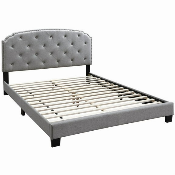 Twin Bed with Button Tufted Scalloped Headboard in Light Gray