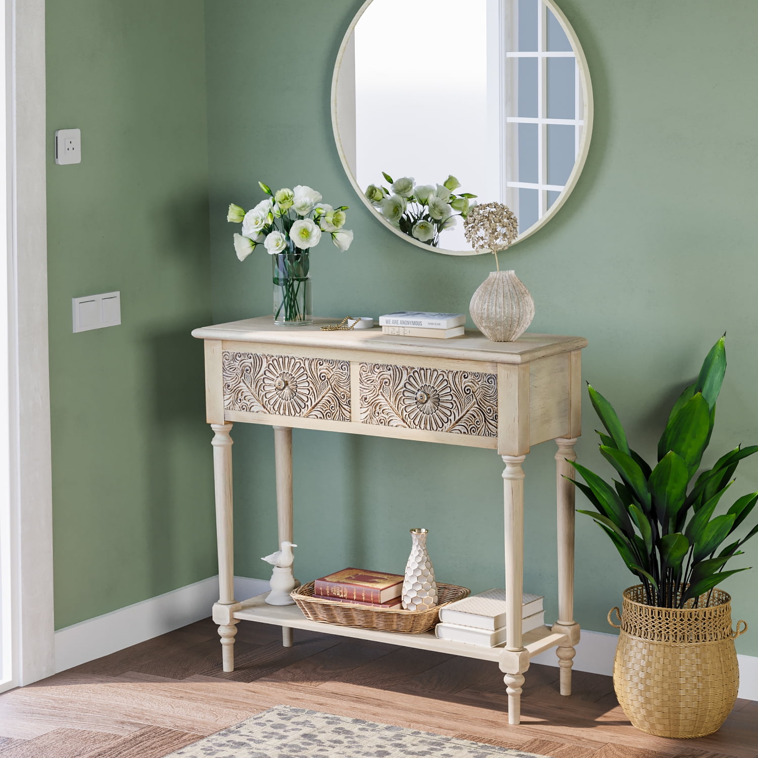COSIEST Vintage Light Grey Distressed Solid Wood 2 Drawers Console