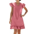 thumbnail image 2 of Up to 30% off Summer Dress, Womens’s Solid Color V Neck Summer Ruffle Hem Casual Beach Dress(Pink,S), 2 of 7