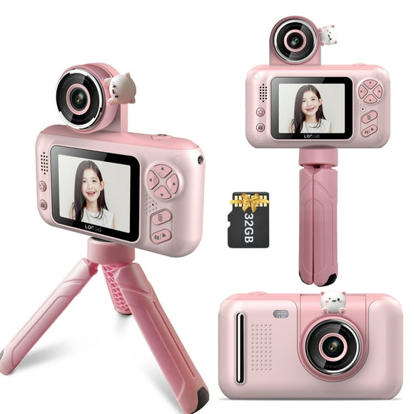 yeacher Rotating Lens Kids Digital Camera with 2.4" IPS Screen, 40MP Photos, 1080P Video, Built-in 800mAh Battery, 32GB Card, Mini Tripod, Pink - Perfect Gift for Children